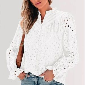 NWT PrettyGarden White Floral Eyelet Long Sleeve Button Front Ruffle Blouse